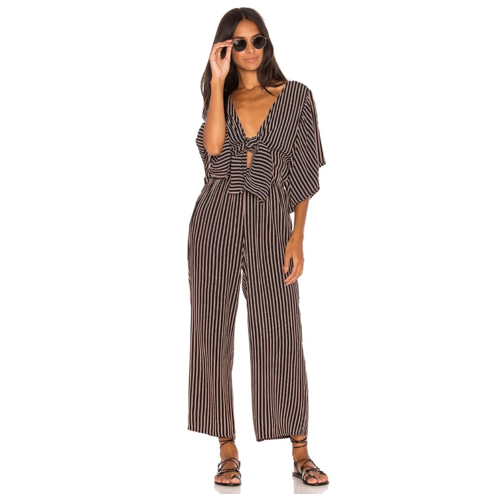 Faithfull the Brand Tilos Jumpsuit San Marino Stripe Black Red Tie Front 4